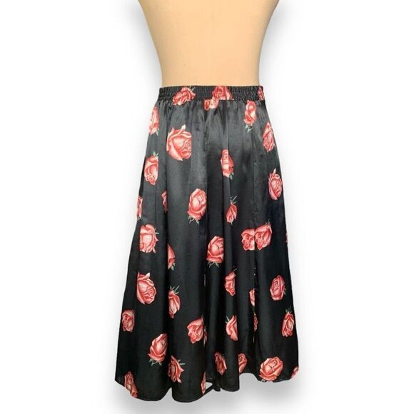 Vintage 90s Notations Rose Print Black Satin Button Front Maxi Skirt Size 14P - Picture 7 of 9